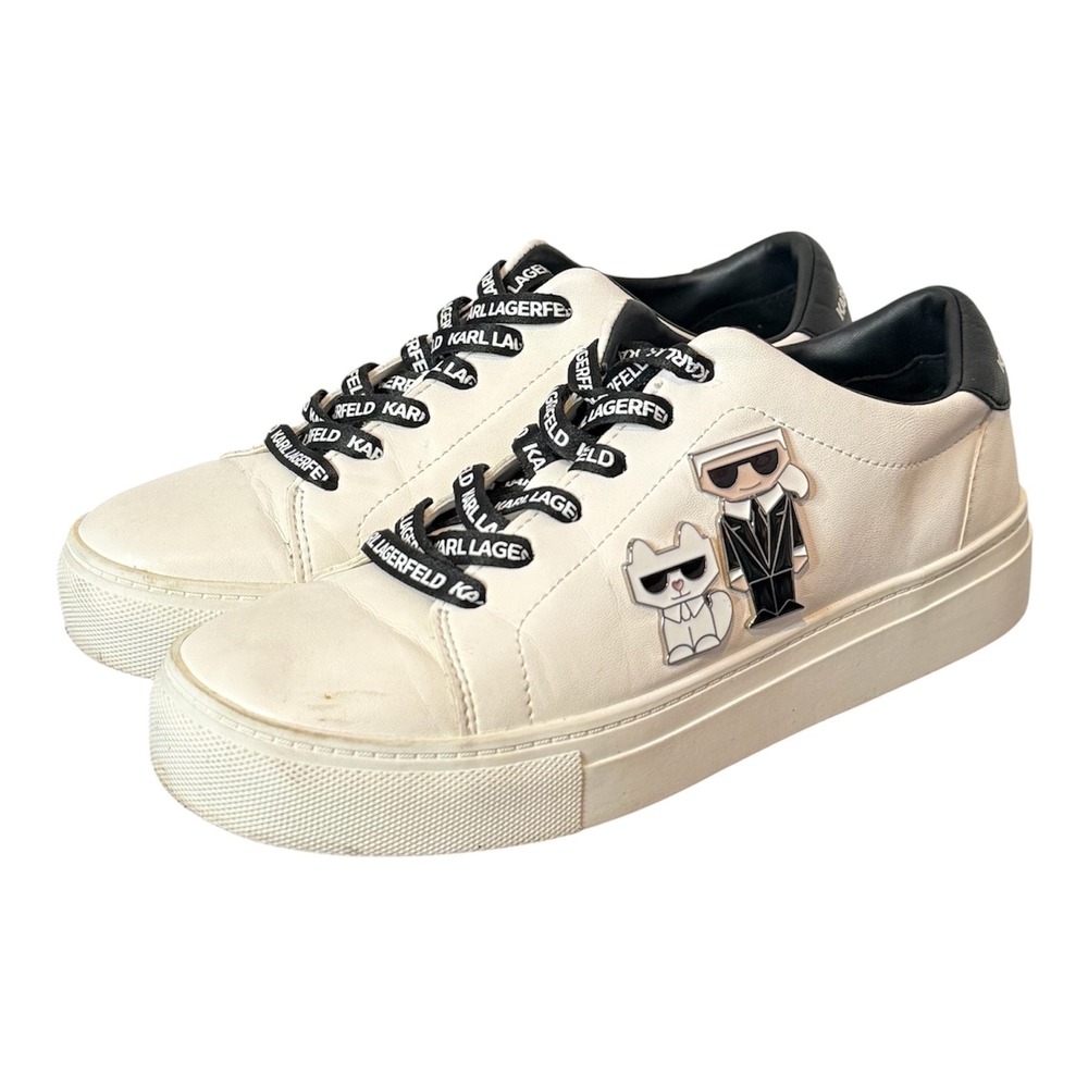 Karl Lagerfeld Sneakers Womens 6.5 White Black Choupette Charms Lace Up Shoes